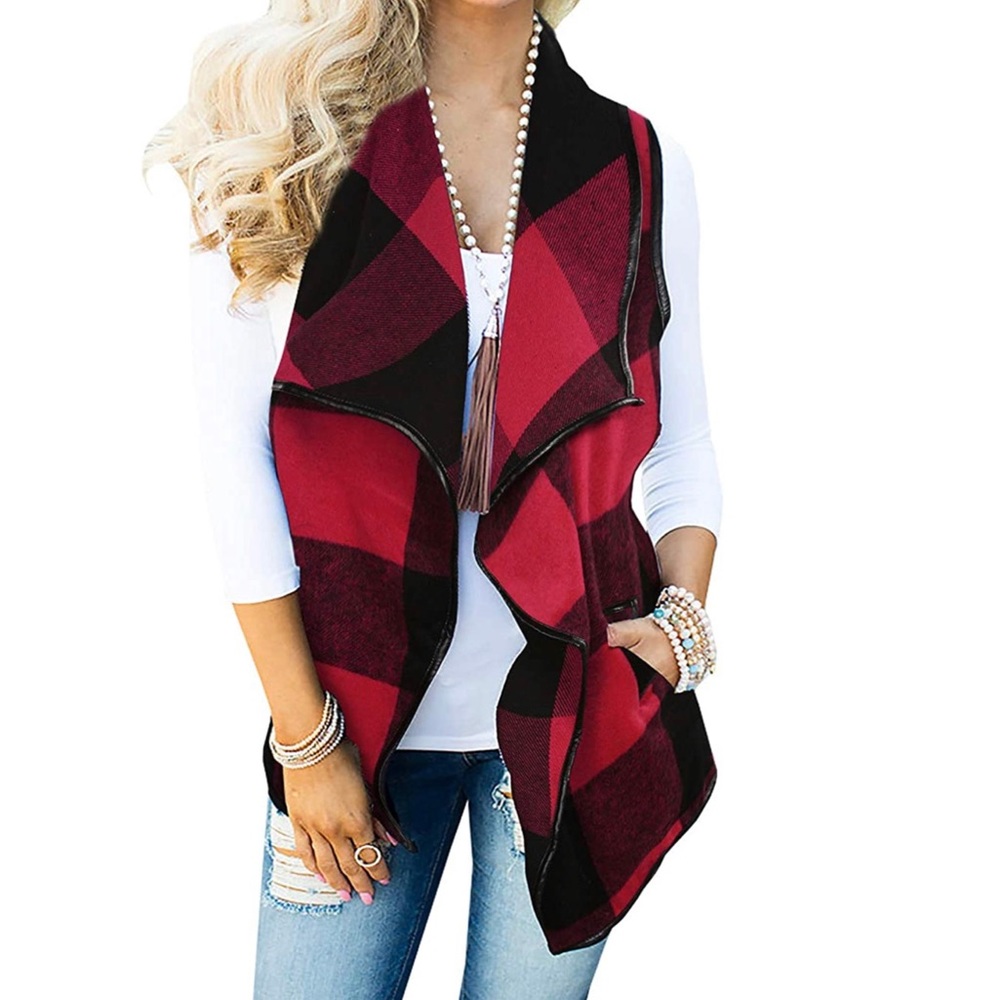Red Plaid Open Front Cardigan Vest - Size XL